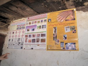 A poster, which was produced by international NGOs locally, teaches farmers how to avoid the hazards of agrochemicals.
