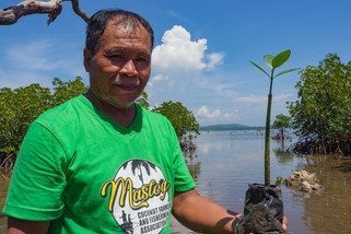 Pedro Calumpiano, President of the Maslog Coconut Farmer and Fishermen Association, holding a mangrove sapling grown in the organization’s nursery. ‘As time goes by, climate change will worsen, and those who will be most affected are our children.’ (Photo: Elizabeth Stevens / Oxfam)