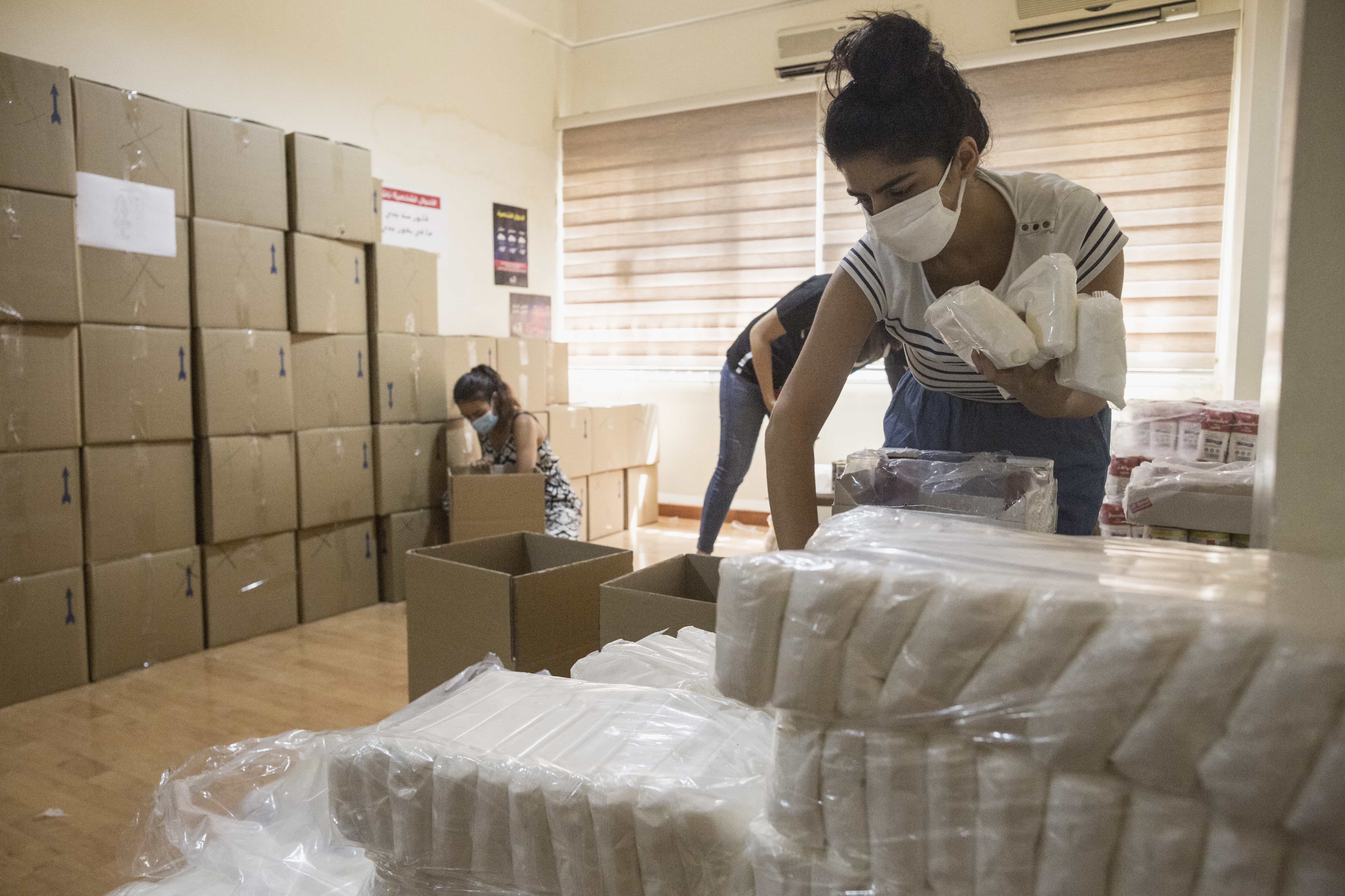 Oxfam and our partners and volunteers packed boxes of food that would be distributed to vulnerable families affected by the catastrophic explosion at Beirut port.