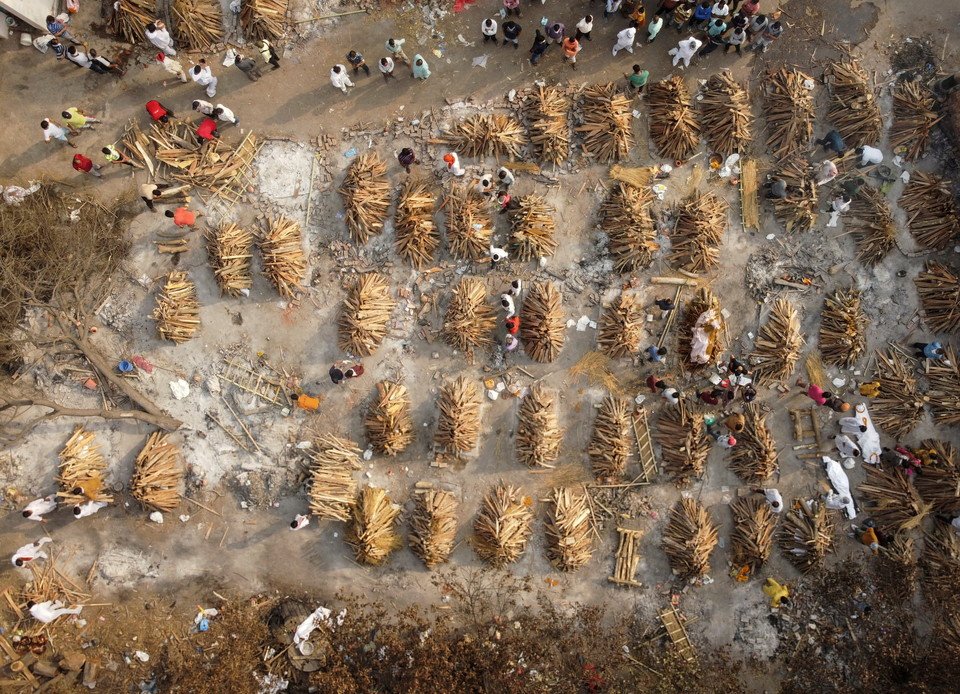 The grounds are prepared for mass cremation of coronavirus disease (COVID-19) victims in New Delhi, India, April 28, 2021. Picture taken with a drone